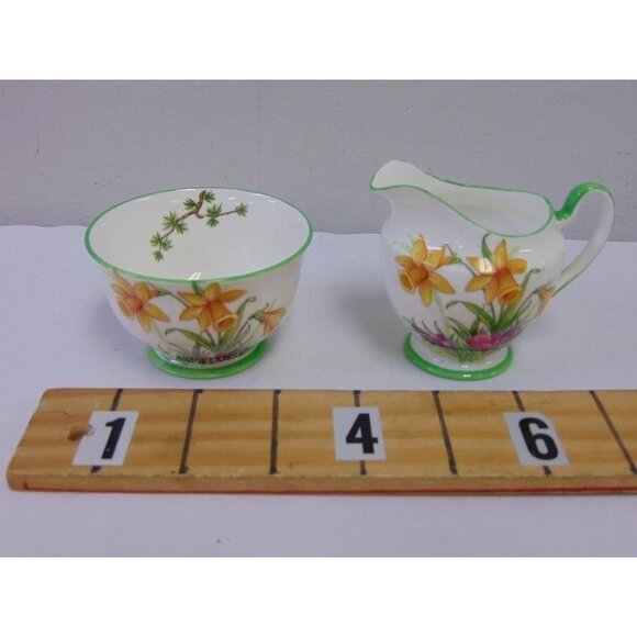 Antique Aynsley Art Deco Small Creamer & Sugar Bowl Set 1920's Janquil Daffodil - Picture 2 of 14